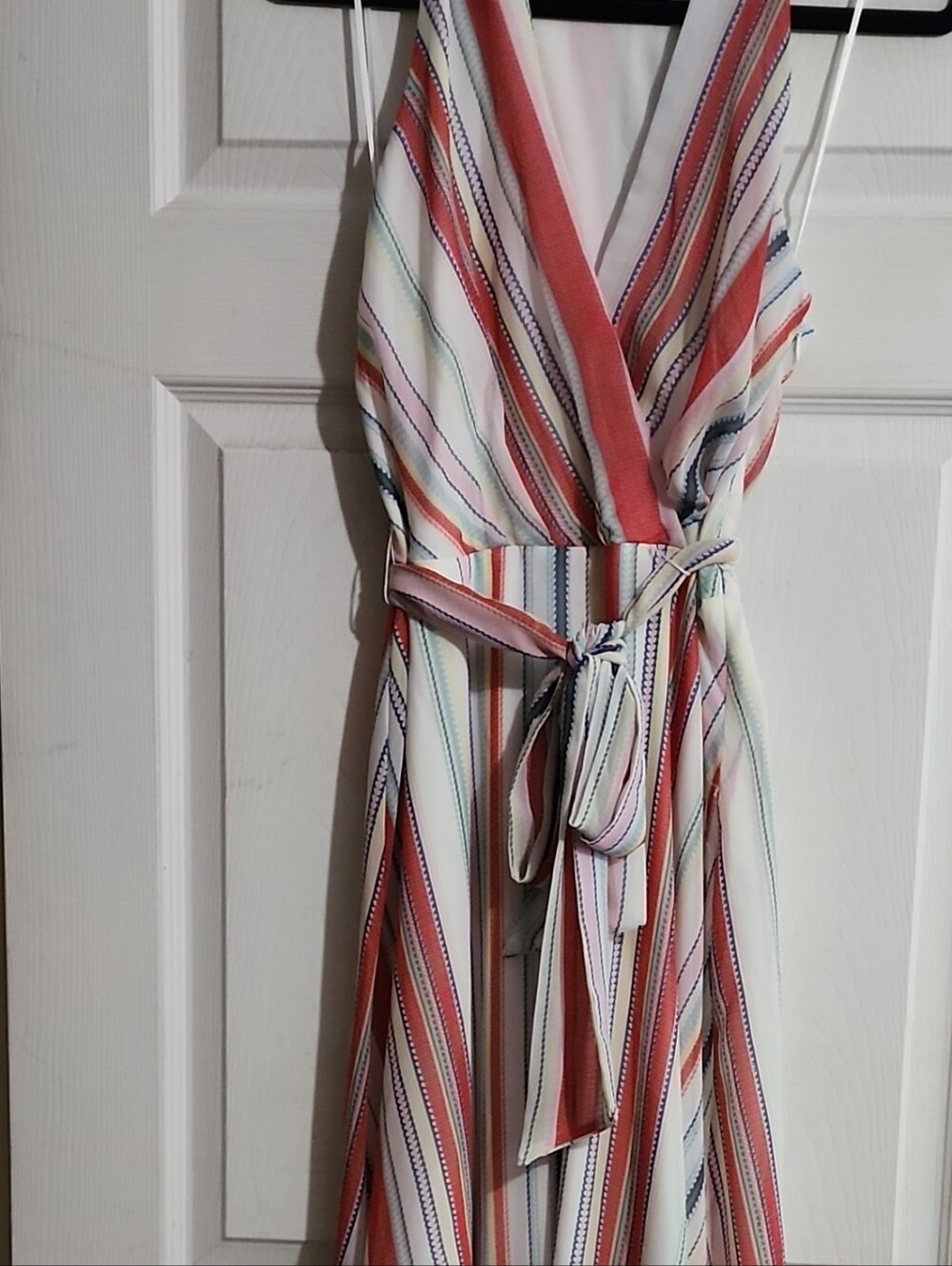 Leslie Fay Coral and Cream Striped Sleeveless Wrap Dress